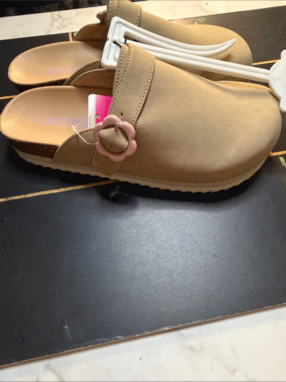 Justice Girls Tan Slip-On Clogs with Pink Flower Buckle